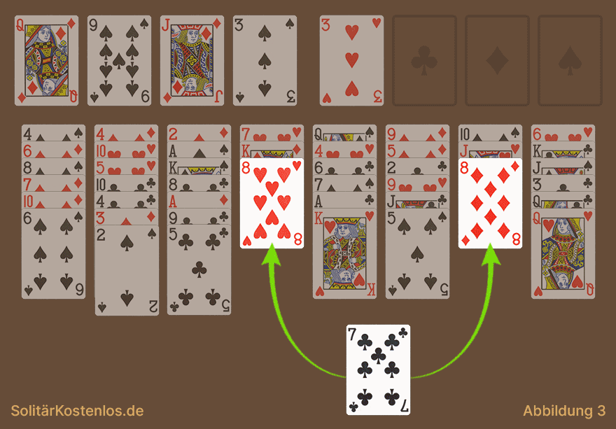 FreeCell Hinweis mit zwei möglichen Zielen für dieselbe Karte