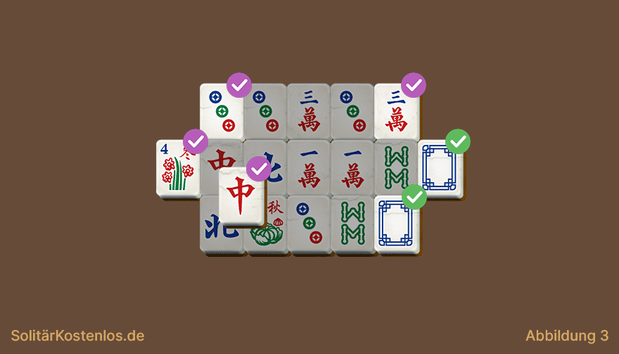 Mahjong Solitär Beispiel mit freien Steinen und einem entfernbaren passenden Paar