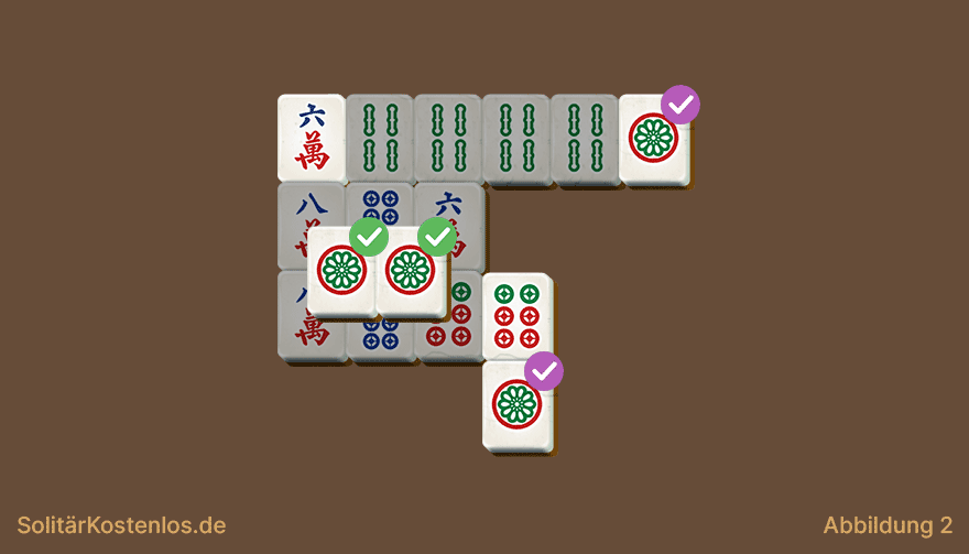 Mahjong Solitär Beispiel mit vier gleichen Steinen und der besseren Paarwahl