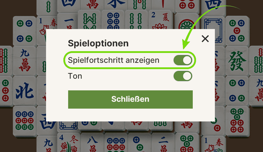 Mahjong Solitär Spieloptionen mit aktivierter Einstellung Spielfortschritt anzeigen