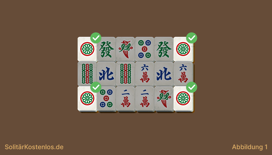 Mahjong Solitär Beispiel mit vier gleichen 1er-Kreissteinen