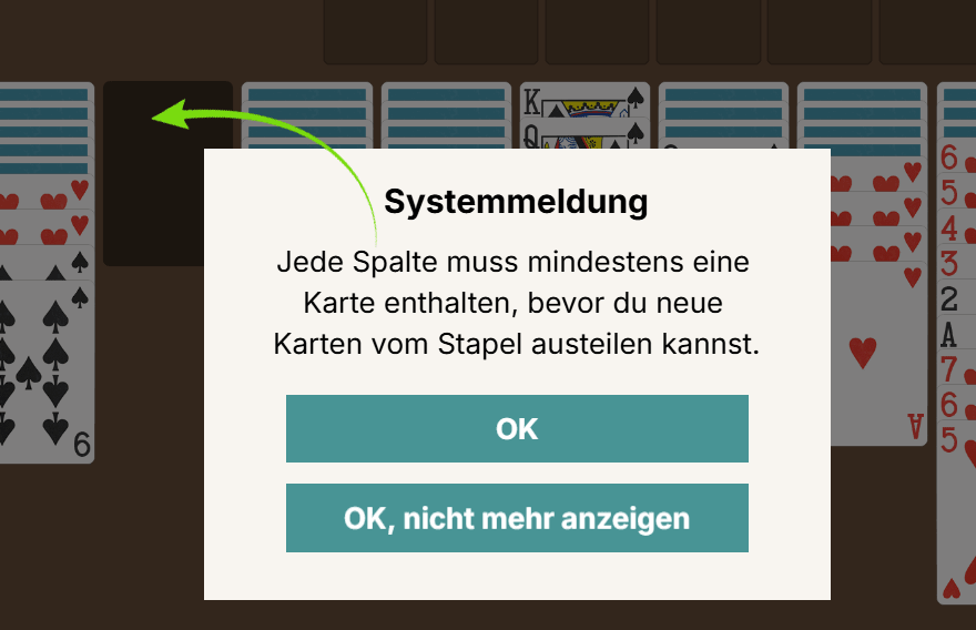 Systemmeldung beim Austeilen neuer Karten in Spider Solitär
